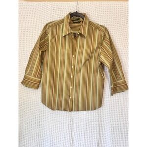 Eddie Bauer Womens Striped Wrinkle‎ Resistant 3/4 Sleeve Button Down Top